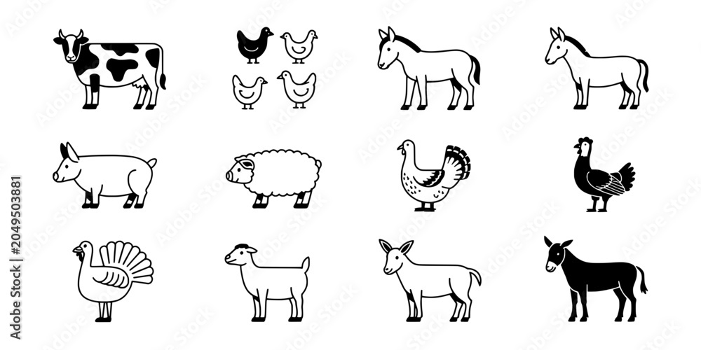 Fototapeta premium Animals Farm Set with Various Livestock and Poultry Illustrations Featuring Cow, Chicken, Horse with Pig and Sheep Elements for Turkey, Donkey