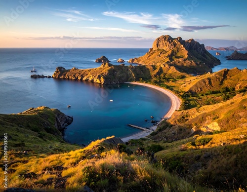 Aerial view of a stunning bay with surrounding hills, vibrant blue water, and a sandy beach