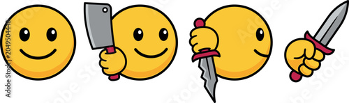 Schilderij op canvas Smiling Emoji Icon Set with Weapons Featuring Cartoon Emoticons Holding Meat Cle