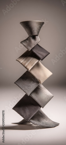 An abstract sculpture of stacked geometric shapes in varying neutral tones, resembling a delicate tower or a surreal natural formation, stands as a testament to modern design.