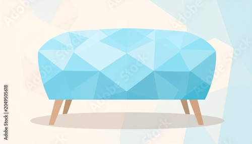 Abstract blue geometric ottoman with wooden legs