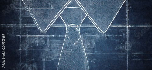 Blueprint of a scientific diagram showing a molecular structure, possibly a DNA helix, on a dark blue textured background.