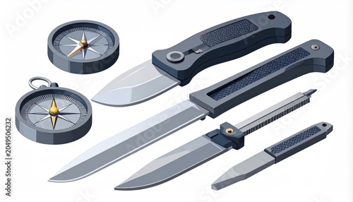 Tools and navigation devices arranged, gray tones, adventure concept
