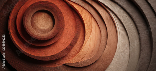 A mesmerizing circular pattern crafted from layers of polished wood, showcasing a gradient of warm earthy tones from deep brown to light beige.
