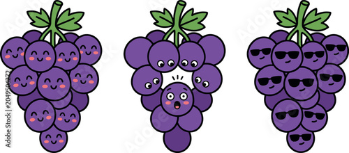 Cute Cartoon Purple Grape Bunch Mascot Character Set with Smiling Expressions, Looking Down at Surprised Core, and Wearing Black Sunglasses Poses