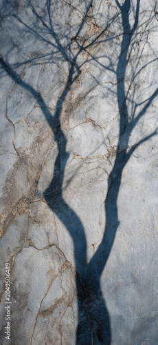 An artistic shadow of a leafless tree falls across a textured, distressed surface, creating a moody and contemplative abstract image.