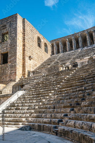 Interior wide-angle view of the well-preserved ancient Roman Theater of Aspendos in Antalya, Turkey.