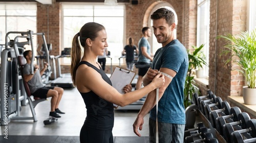 Fitness Trainer Evaluating Body Proportion Measurements of an Athletic Client, Modern Gym Environment, Measuring Tape, Fitness Equipment, Natural Lighting, Authentic Wellness Atmosphere
