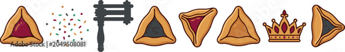 Purim Jewish Holiday Element Set with Traditional Hamantaschen Cookies, Gragger Noisemaker, Golden Crown, and Colorful Confetti for Festive Celebration Designs