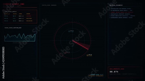 Futuristic military combat alert radar interface hud display.