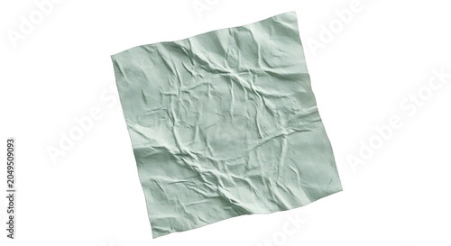 Crumpled light green paper sheet with heavy wrinkles and a soft texture isolated on a white background, for artistic backgrounds