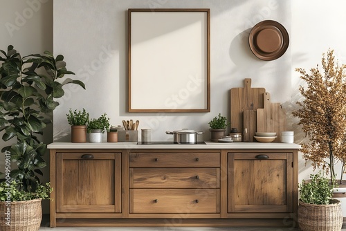 A warm and inviting kitchen counter with wooden cabinets, a marble countertop, and various potted plants. A blank framed picture hangs on the wall above, perfect for customization.
