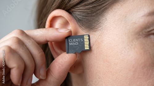 Conceptual micro SD card labeled Client's Mind held near human ear, digital memory and data storage concept, psychological information transfer