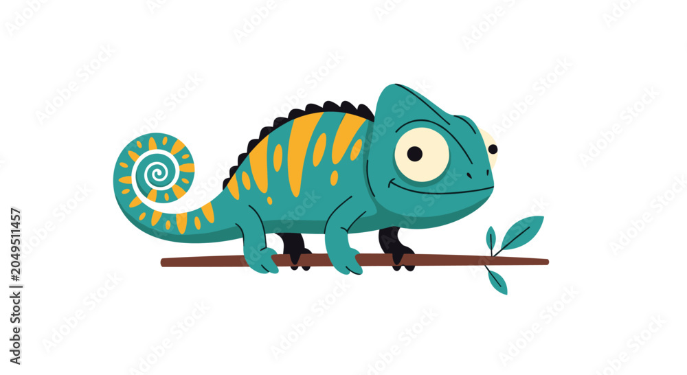 Fototapeta premium Colorful cartoon chameleon with green and orange stripes resting on a thin brown branch with small leaves.