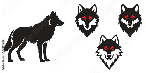 Fotografi Black Wolf Red Eyes Silhouette Head Body Vector Bundle Four