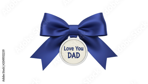 Blue satin gift bow with round father's day tag on transparent background.
