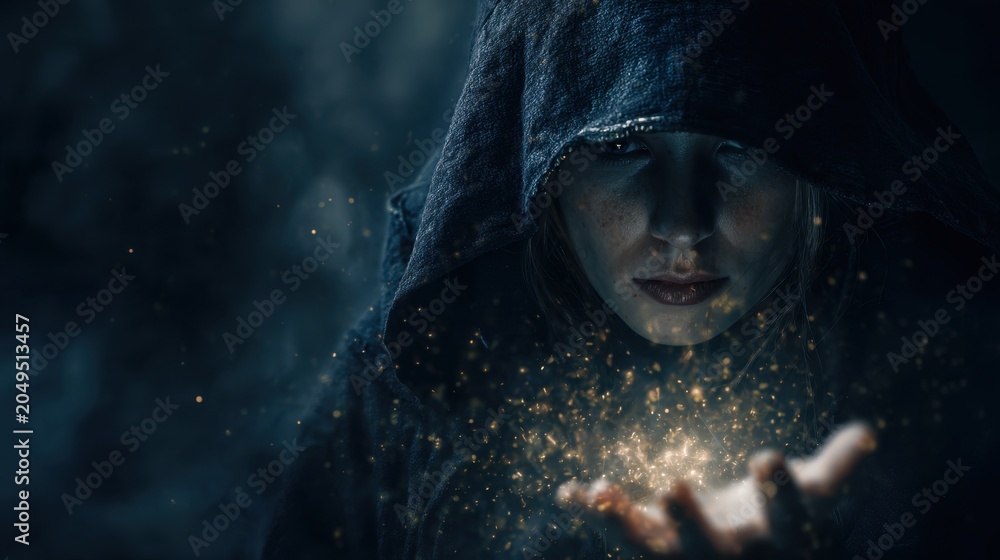 Naklejka premium Mystical Sorceress Casting Spell: A hooded figure, possibly a sorceress, conjures a shimmering, magical dust with their outstretched hand, set against a dark.