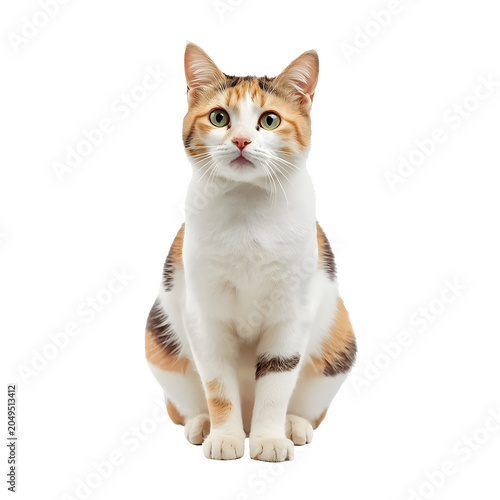Calico cat sitting upright with orange and black patches on white fur looking forward on transparent background