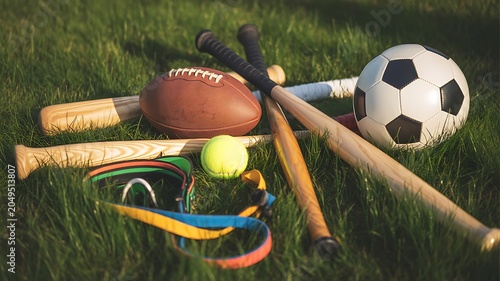 Sports equipment for football baseball cricket and soccer on grass