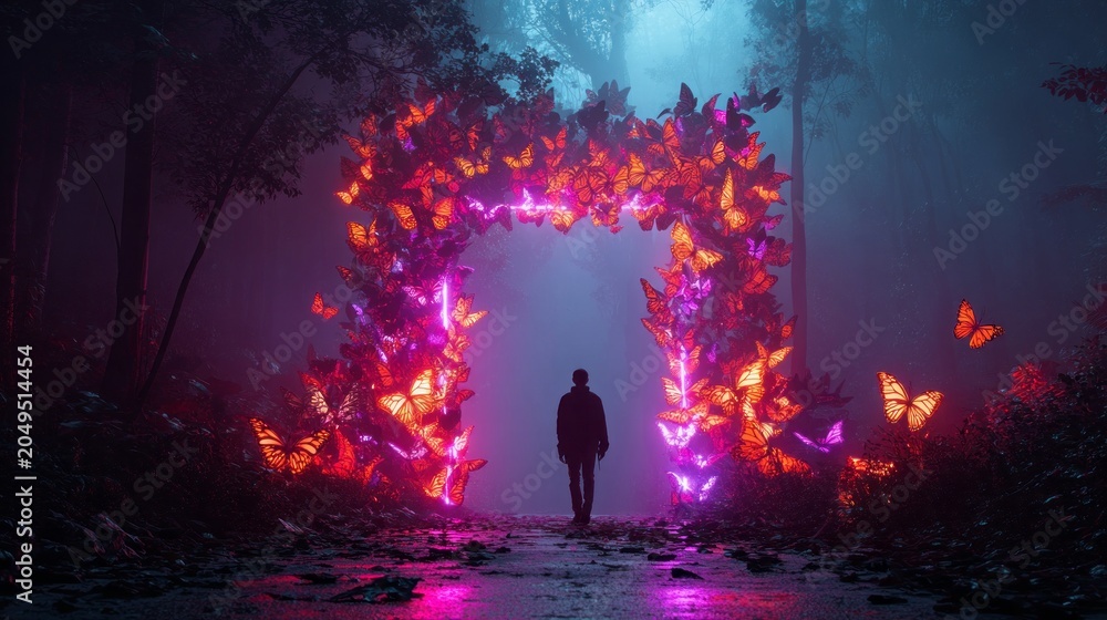 Naklejka premium Man Stepping Through a Glowing Butterfly Portal