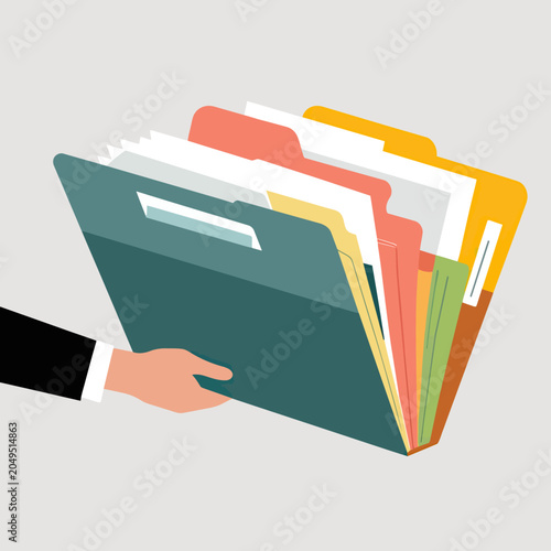 Hand holding a folder full of documents and papers for organization.