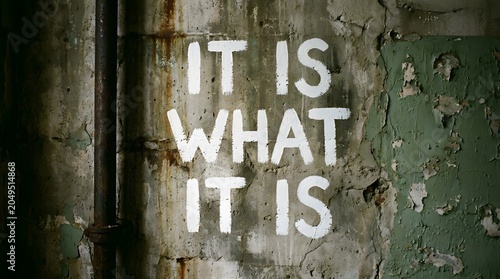 It Is What It Is Graffiti: Stark white lettering declares IT IS WHAT IT IS on a weathered, distressed wall, evoking a sense of resignation or acceptance amidst urban decay.