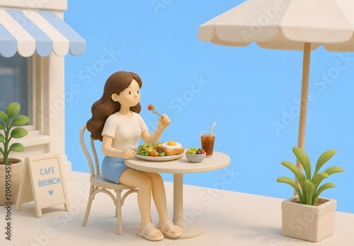 야외 카페에서 브런치를 즐기는 여름 라이프스타일 3D 렌더링
 Generating AI