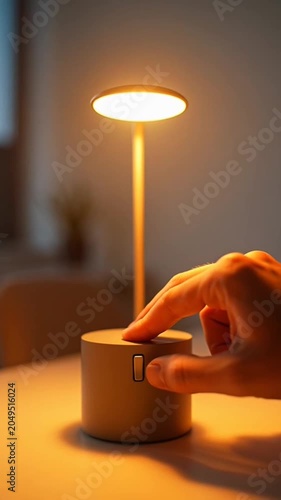 Hand turning on a modern minimalist LED desk lamp in a dark room.