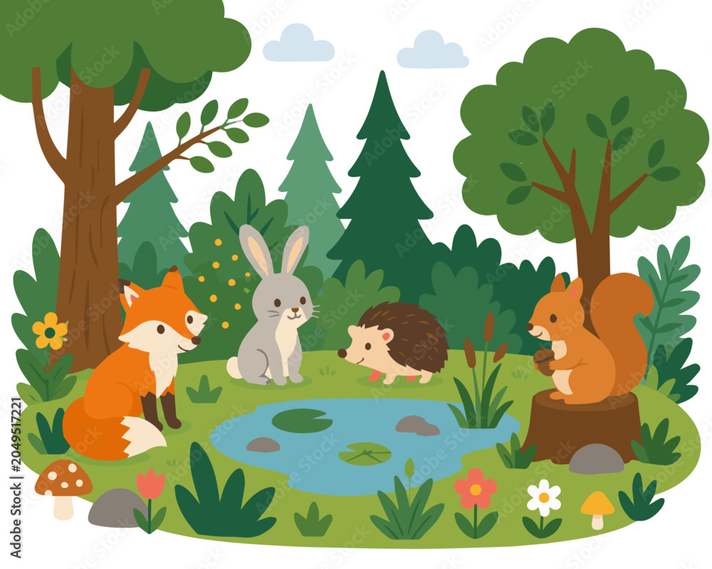 Fototapeta premium Cute Woodland Animals Gathering Around a Calm Forest Pond Vector Illustration