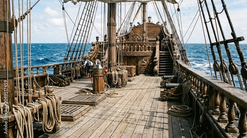 Old Wooden Pirate Ship Deck Sailing on Ocean, Adventure and Exploration Concept made by AI generative