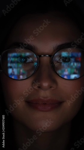 Woman Wearing Glasses Reflecting Bright Computer Screen in Dark Room.