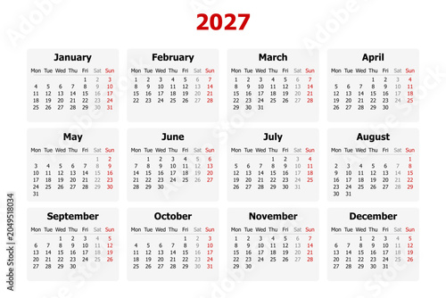 Vector illustration of English calendar for year 2027. Monday as first day of week