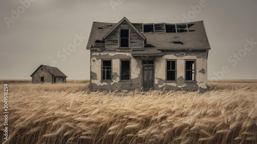 Abandoned old farmhouse with peeling paint standing in a dry golden wheat field