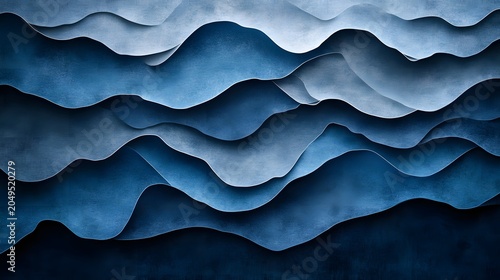 Layered abstract illustration of wavy blue shapes in various shades and textures.