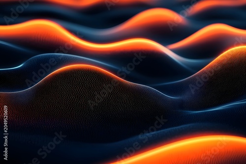 Vibrant abstract landscape of glowing orange hills and dark blue valleys with wavy textured surfaces