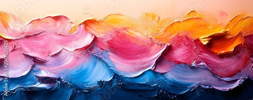 Vibrant abstract painting of ocean waves at sunset with colorful brushstrokes and textured layers.
