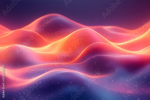 Vibrant digital illustration of glowing neon waves in shades of pink, purple, and orange.