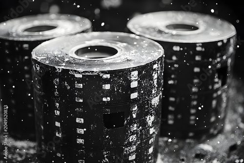Close-up view of three rolls of film exposed to light and weather conditions.