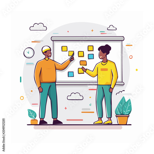 Two people collaborating at a whiteboard with sticky notes