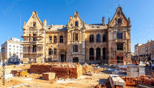 Historic Building Undergoing Reconstruction with Freshly Laid Bricks and Scaffolding