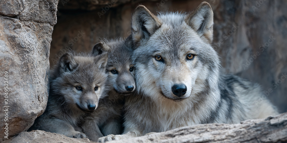 Fototapeta premium Two Grey Wolves Close Up Looking at Camera