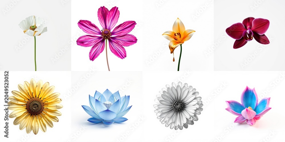 Obraz premium Floral collection displays diverse blooms. Petals exhibit varied colors, shapes, textures. Delicate stems support beautiful blossoms.