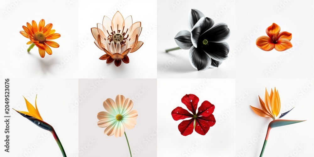 Obraz premium Floral arrangement. Diverse blooms presented against stark black background. Delicate petals, vibrant colors, botanical study.