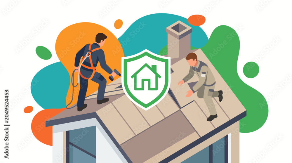 Naklejka premium Two workers on a house roof installing shingles with safety equipment.