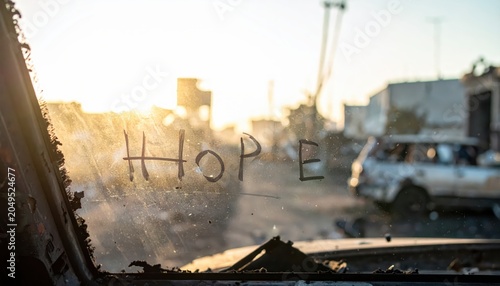 Message of Hope Scrawled in Dust on a Sunlit Window Amidst Urban Ruin