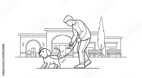 Man walking dog on leash outside.