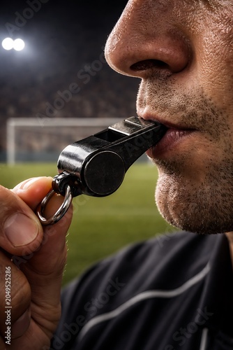 Ultra realistic macro photography of a black whistle pressed against the referee’s lips, emotional match tension, blurred football pitch behind
