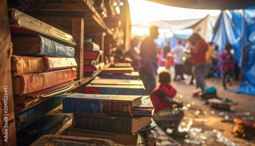 Makeshift Library Shelves Overflowing with Books in a Refugee Camp Setting Bathed in Warm Sunlight