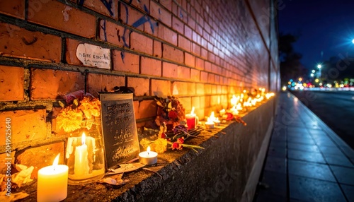 Makeshift memorial with flickering candles, faded flowers, and handwritten notes along a brick wall at night