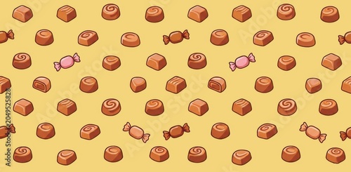 Seamless pattern of chocolate candies on yellow background, sweet treats illustration for food packaging and textile design